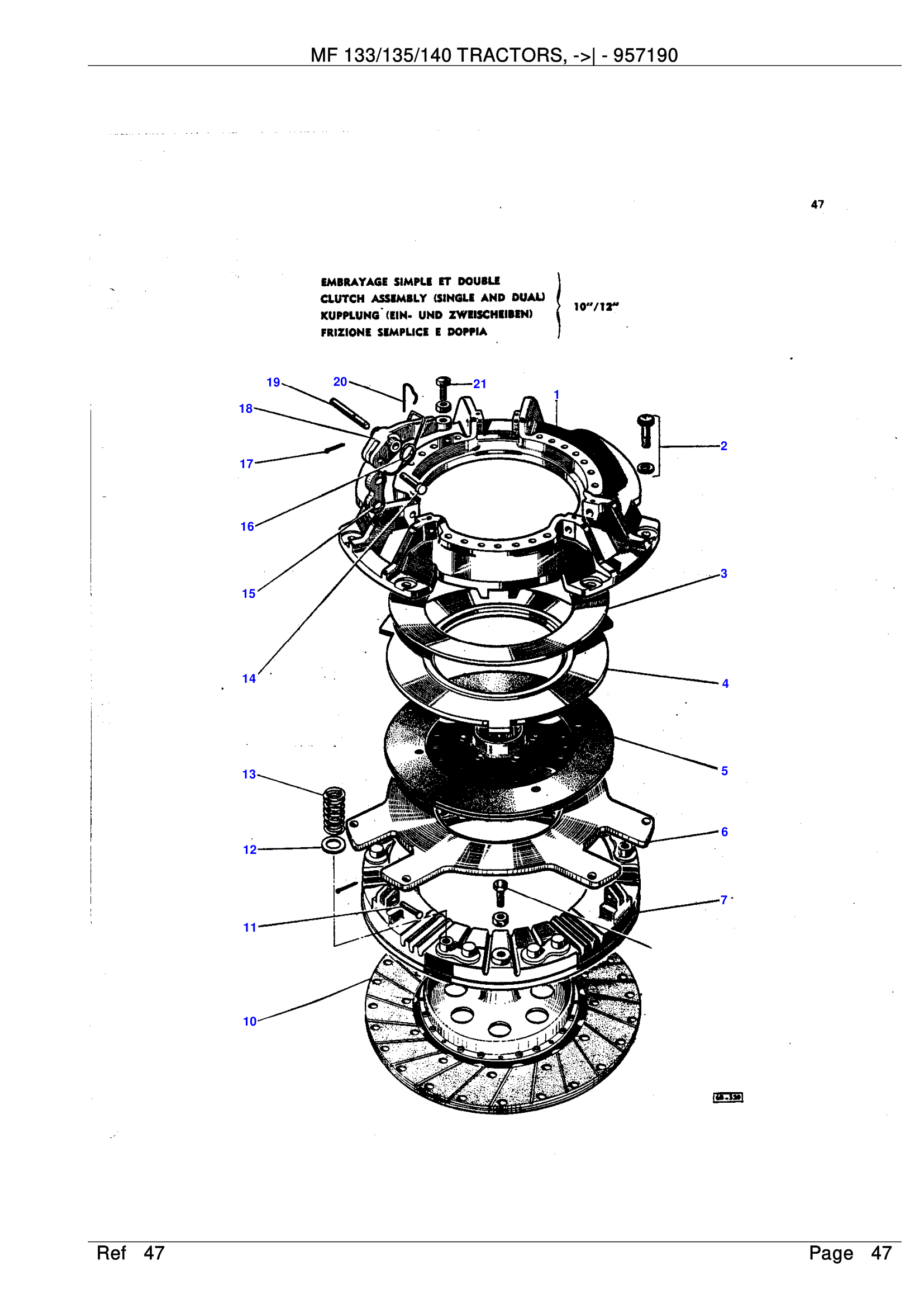 MF 135 clutch assembly exploded parts diagram — single and dual brake variants