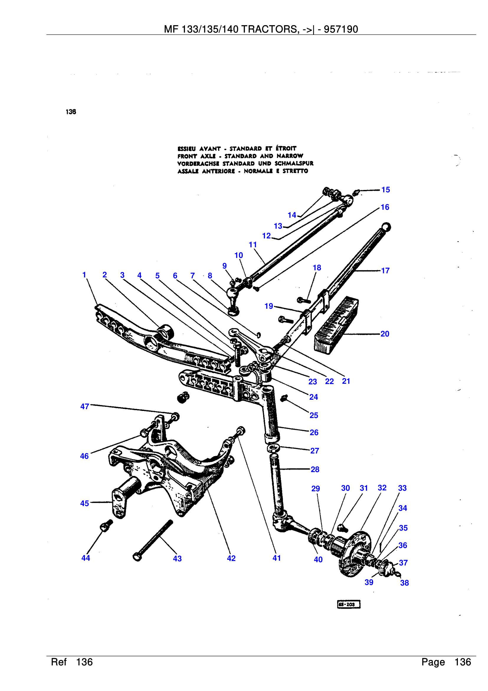 MF 135 front axle standard and narrow exploded parts diagram